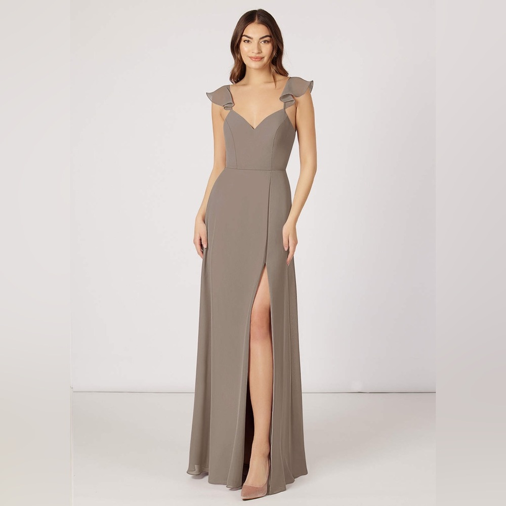 Azazie Everett A-Line Ruched Chiffon Floor-Length Dress Taupe size 6